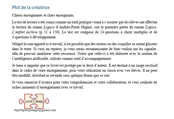 Test de lecture et corrigé. Lygaya. Andrée-Paule Mignot – Image 3