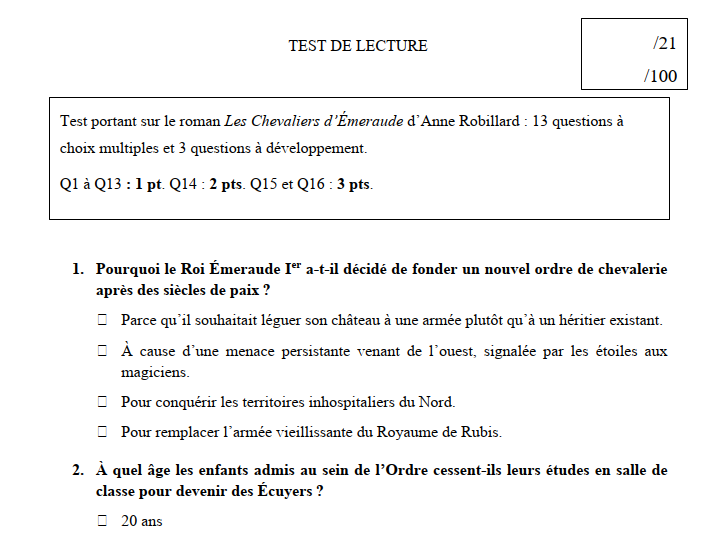 Test de lecture et son corrigé. Les Chevaliers d'Émeraude – Image 3